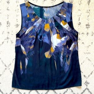 Elie Tahari Stretch Silk Pleat Neck Blouse Abstract Painterly Watercolor